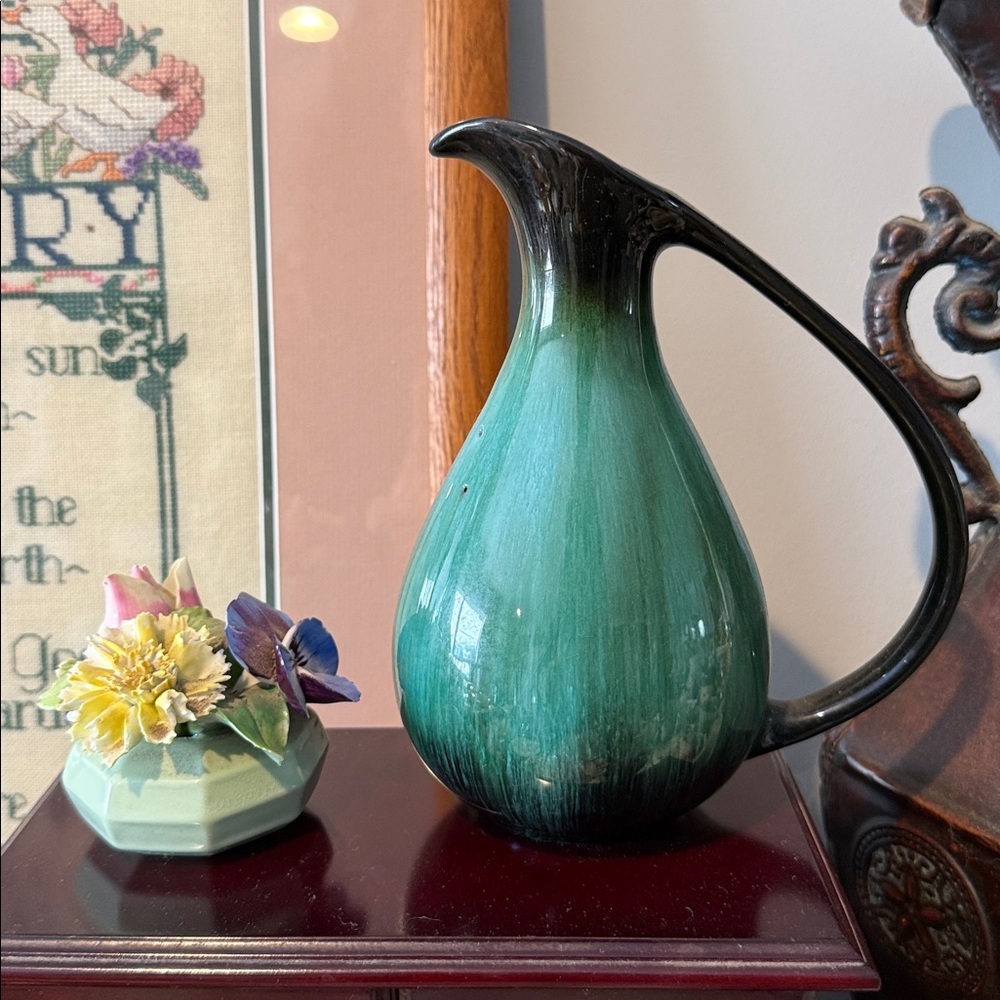 MCM Boomerang Handle Pitcher Teal Black Drip Glaze Ceramic Ewer Vase 9" Vtg